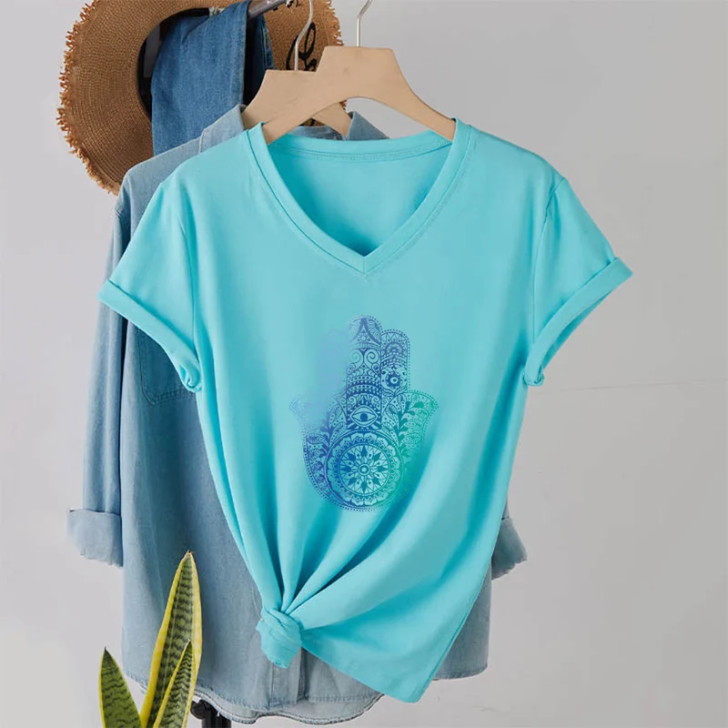 Olivenorma Gradient Hamsa Hand Mandala Print Yoga V-Neck T-Shirt