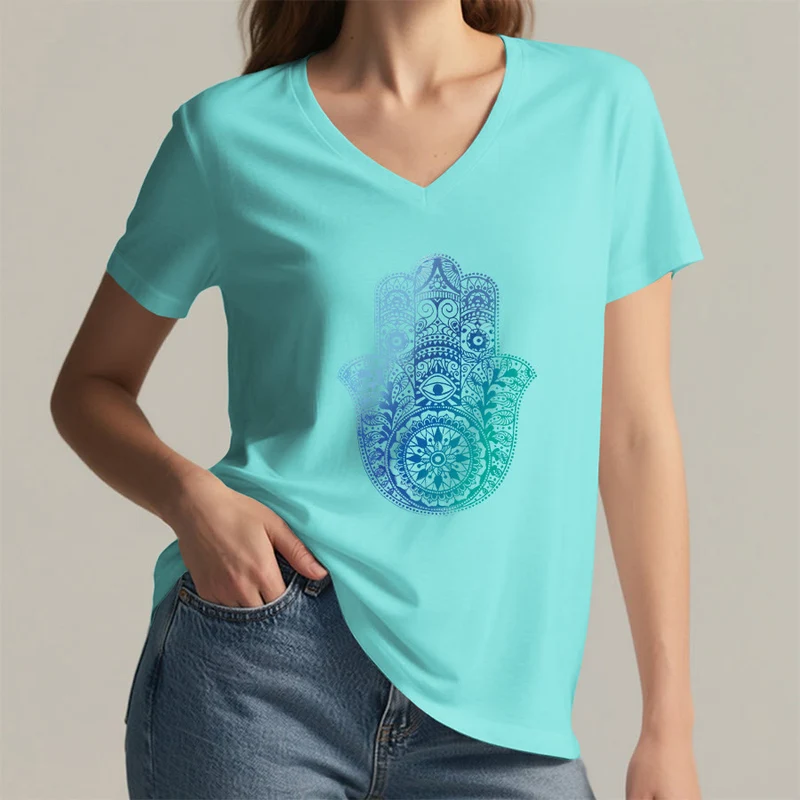 Olivenorma Gradient Hamsa Hand Mandala Print Yoga V-Neck T-Shirt