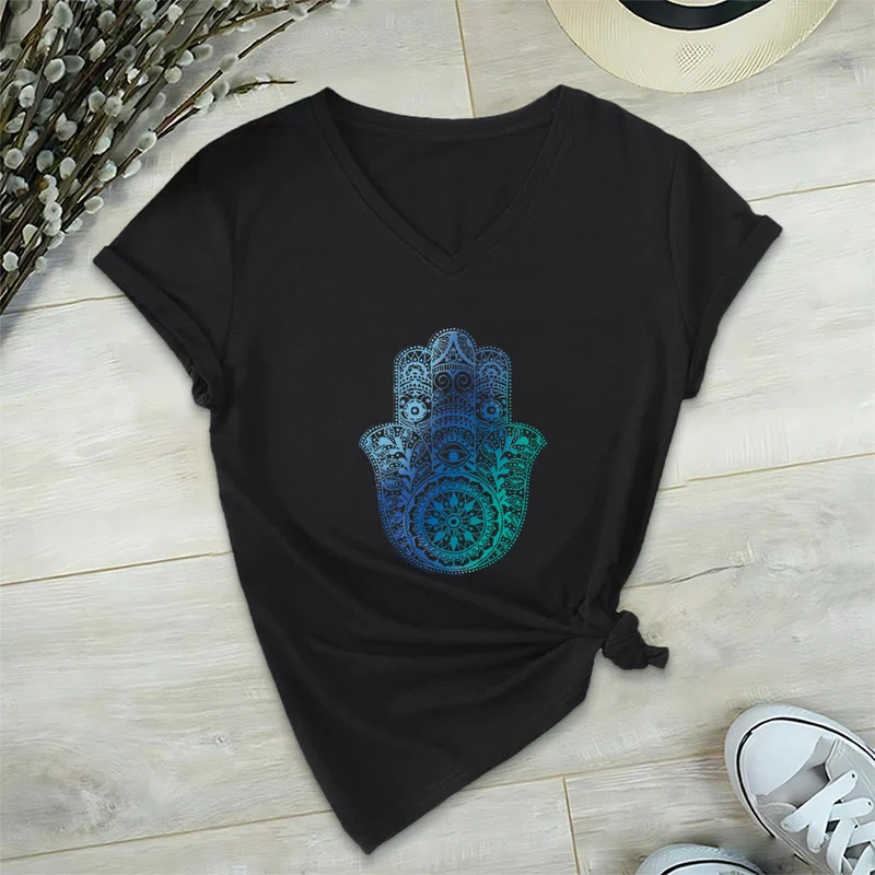 Olivenorma Gradient Hamsa Hand Mandala Print Yoga V-Neck T-Shirt