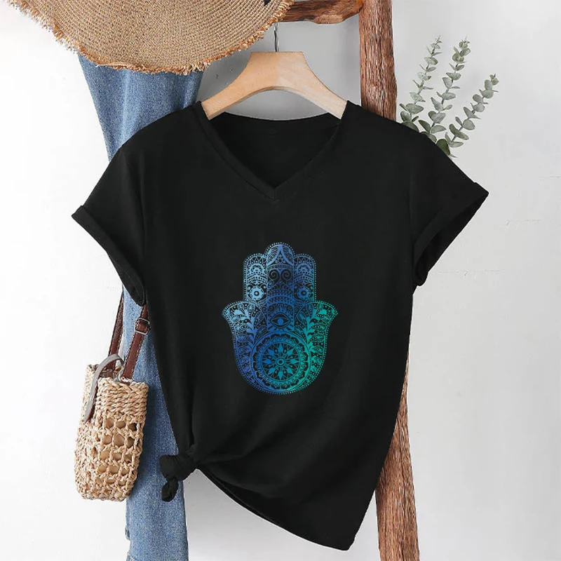 Olivenorma Gradient Hamsa Hand Mandala Print Yoga V-Neck T-Shirt