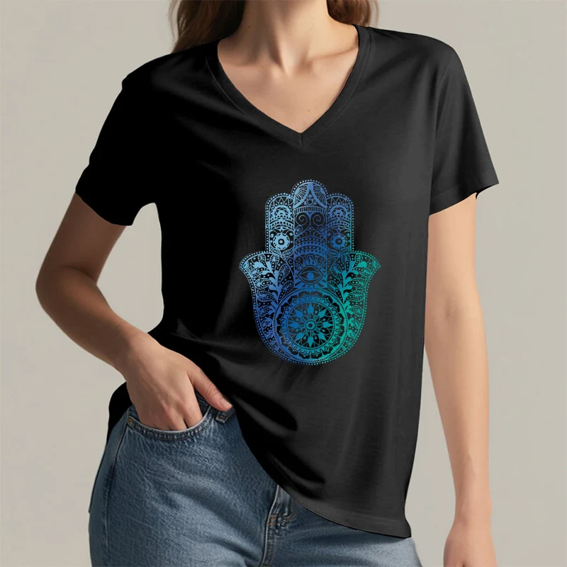Olivenorma Gradient Hamsa Hand Mandala Print Yoga V-Neck T-Shirt