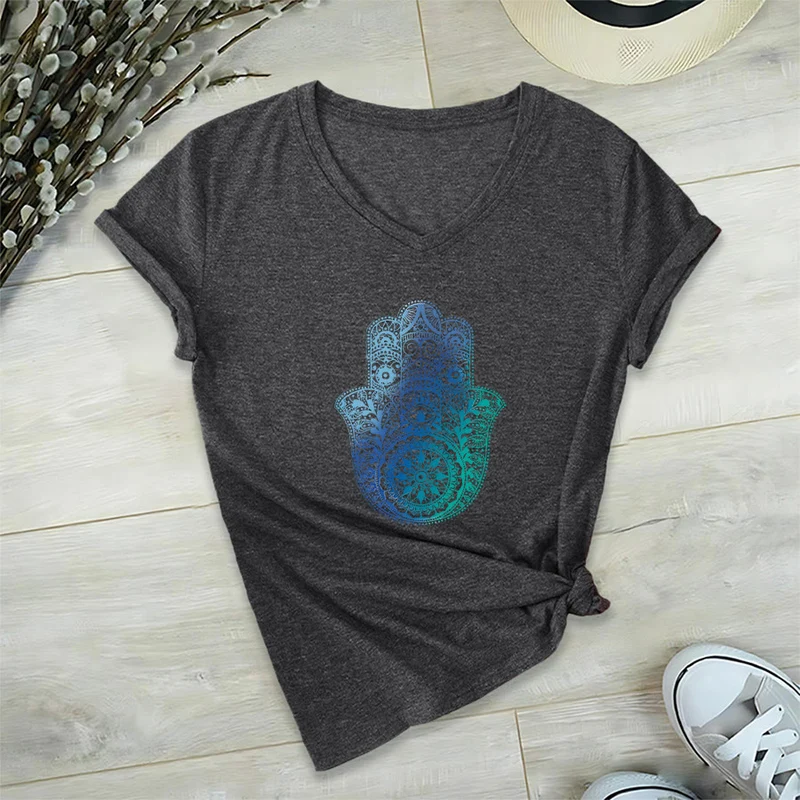 Olivenorma Gradient Hamsa Hand Mandala Print Yoga V-Neck T-Shirt