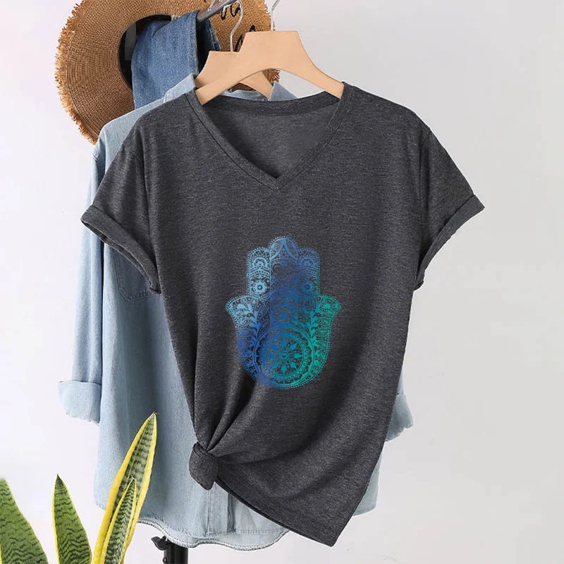 Olivenorma Gradient Hamsa Hand Mandala Print Yoga V-Neck T-Shirt