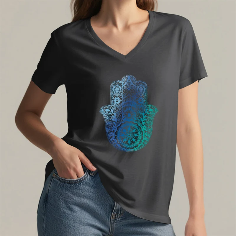 Olivenorma Gradient Hamsa Hand Mandala Print Yoga V-Neck T-Shirt