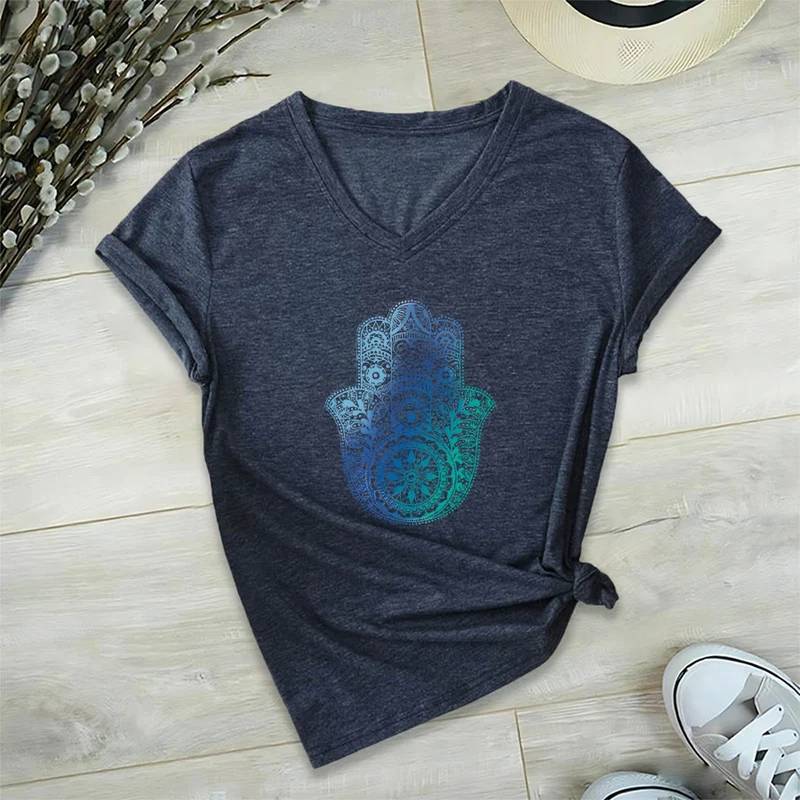 Olivenorma Gradient Hamsa Hand Mandala Print Yoga V-Neck T-Shirt