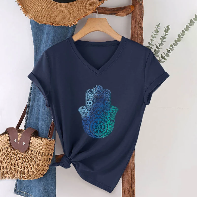 Olivenorma Gradient Hamsa Hand Mandala Print Yoga V-Neck T-Shirt