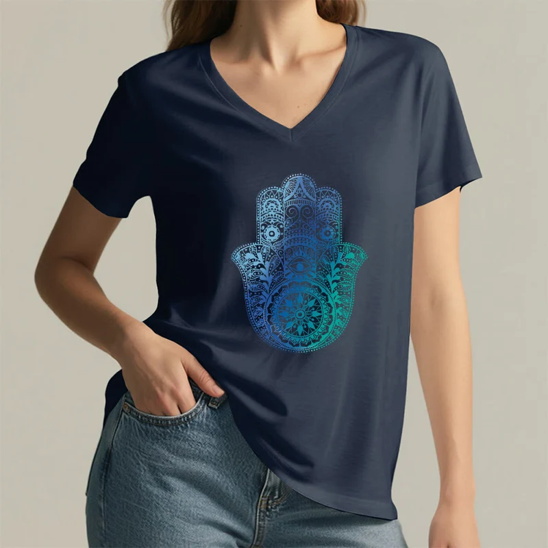Olivenorma Gradient Hamsa Hand Mandala Print Yoga V-Neck T-Shirt