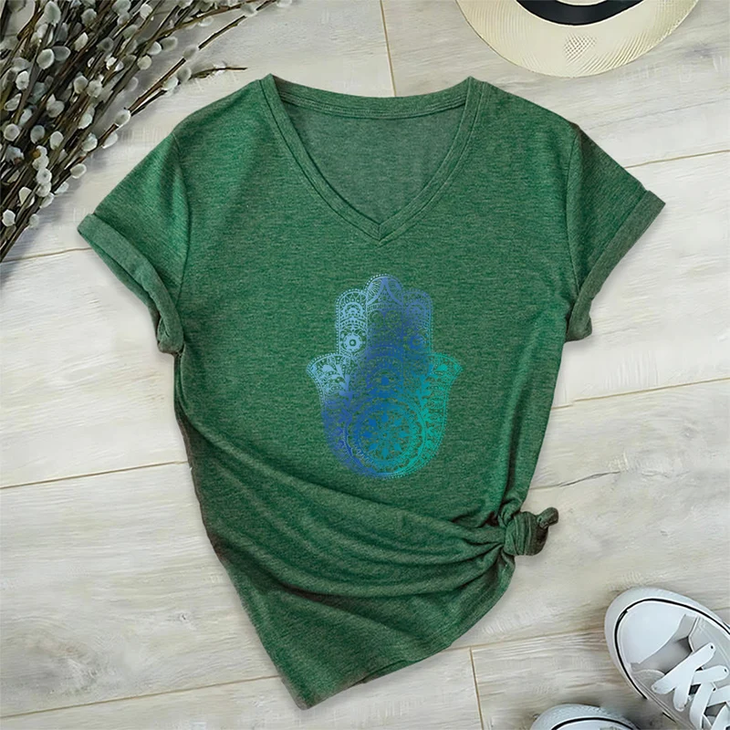Olivenorma Gradient Hamsa Hand Mandala Print Yoga V-Neck T-Shirt