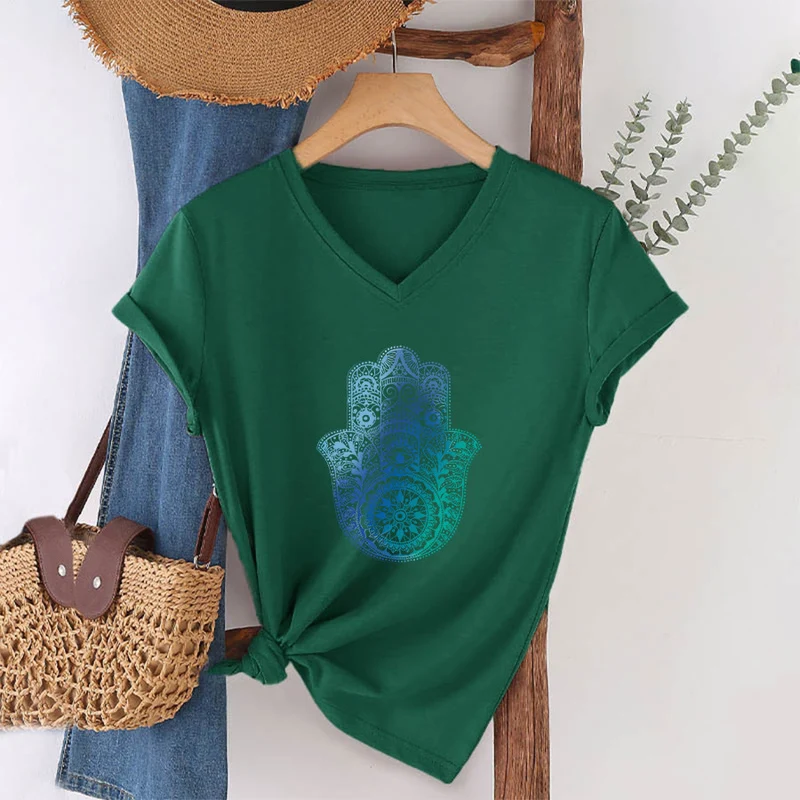 Olivenorma Gradient Hamsa Hand Mandala Print Yoga V-Neck T-Shirt