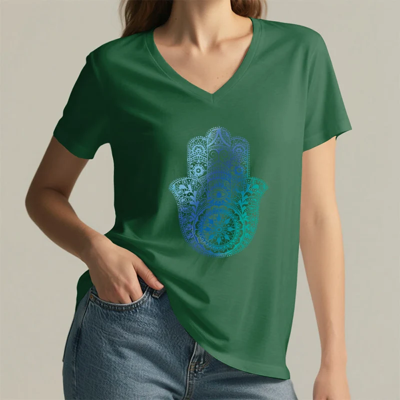 Olivenorma Gradient Hamsa Hand Mandala Print Yoga V-Neck T-Shirt