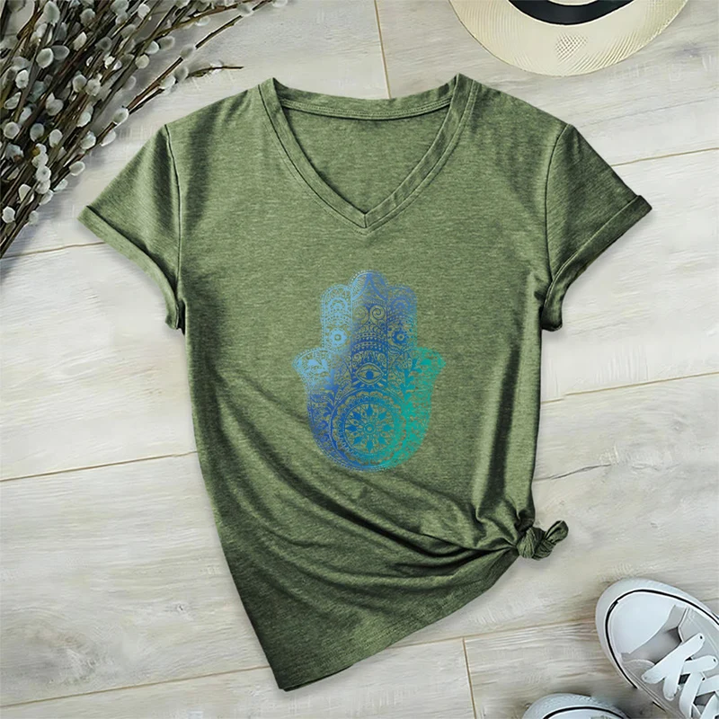 Olivenorma Gradient Hamsa Hand Mandala Print Yoga V-Neck T-Shirt