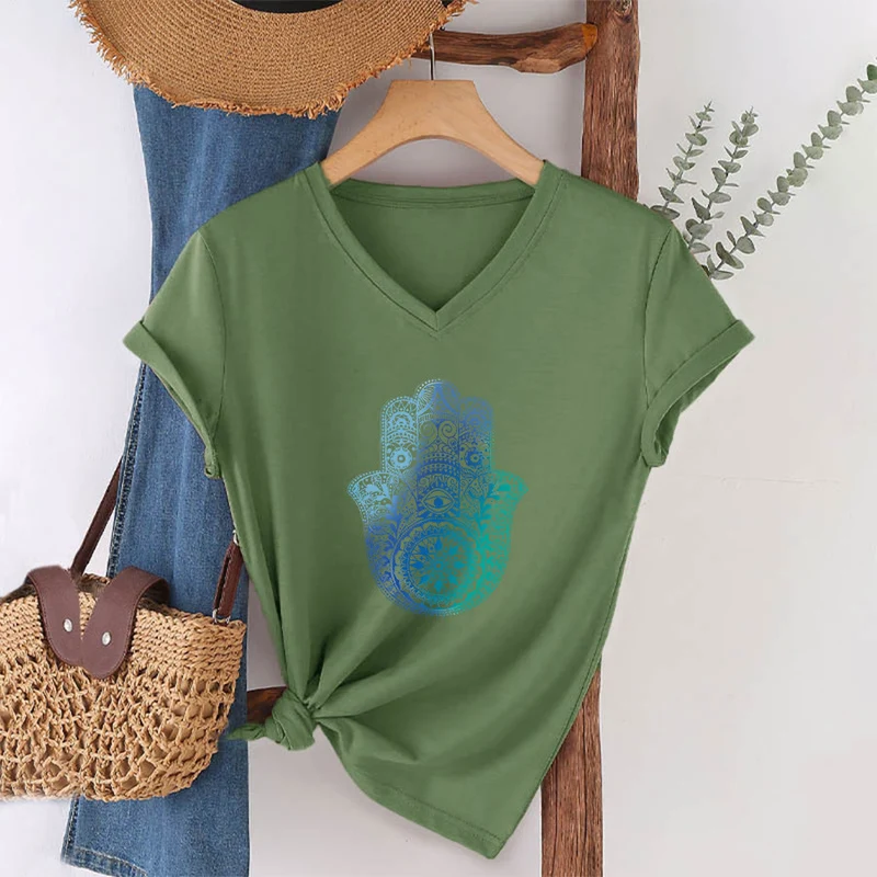 Olivenorma Gradient Hamsa Hand Mandala Print Yoga V-Neck T-Shirt