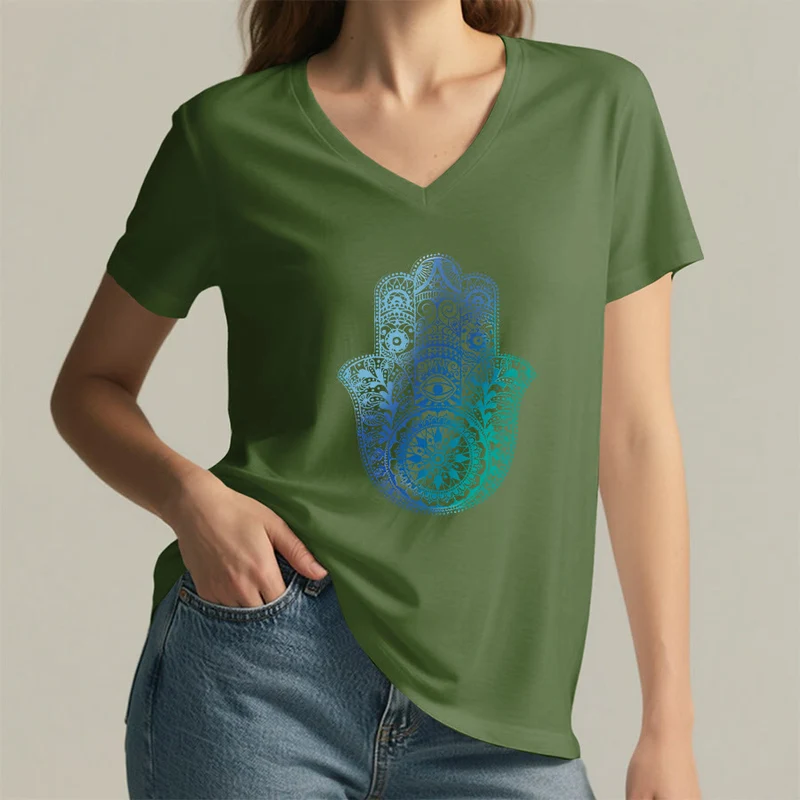 Olivenorma Gradient Hamsa Hand Mandala Print Yoga V-Neck T-Shirt