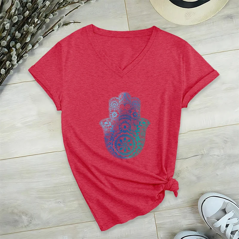 Olivenorma Gradient Hamsa Hand Mandala Print Yoga V-Neck T-Shirt