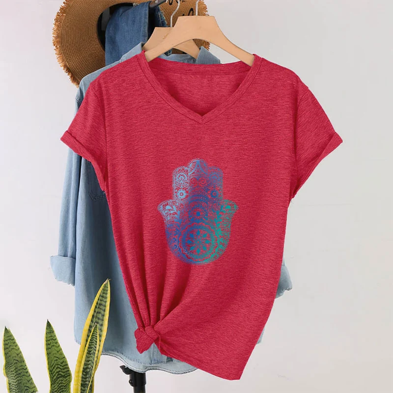 Olivenorma Gradient Hamsa Hand Mandala Print Yoga V-Neck T-Shirt