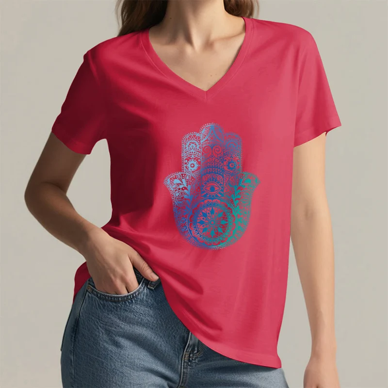 Olivenorma Gradient Hamsa Hand Mandala Print Yoga V-Neck T-Shirt