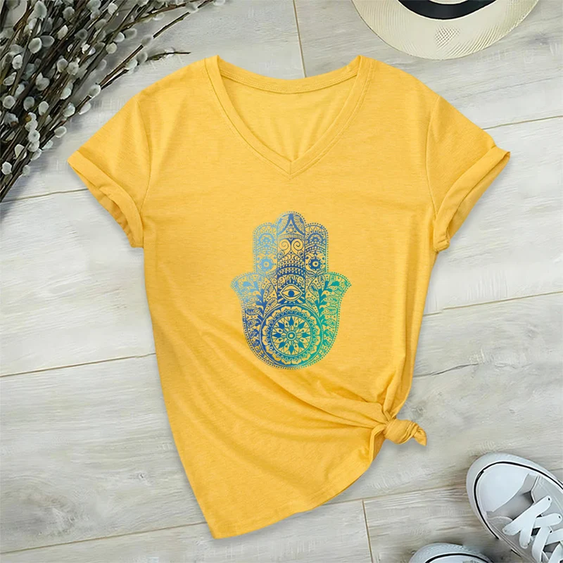 Olivenorma Gradient Hamsa Hand Mandala Print Yoga V-Neck T-Shirt
