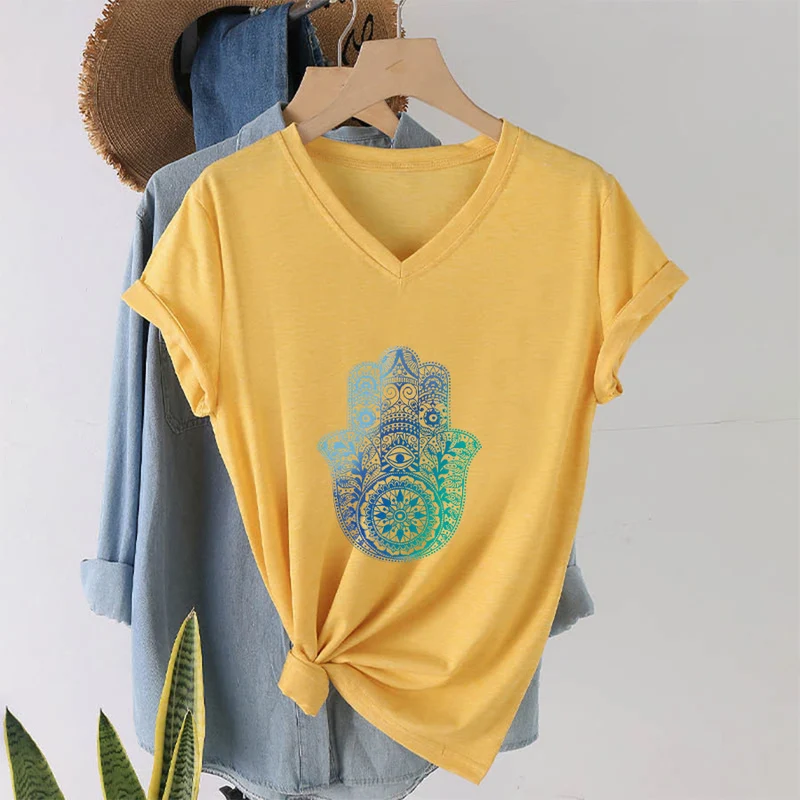 Olivenorma Gradient Hamsa Hand Mandala Print Yoga V-Neck T-Shirt