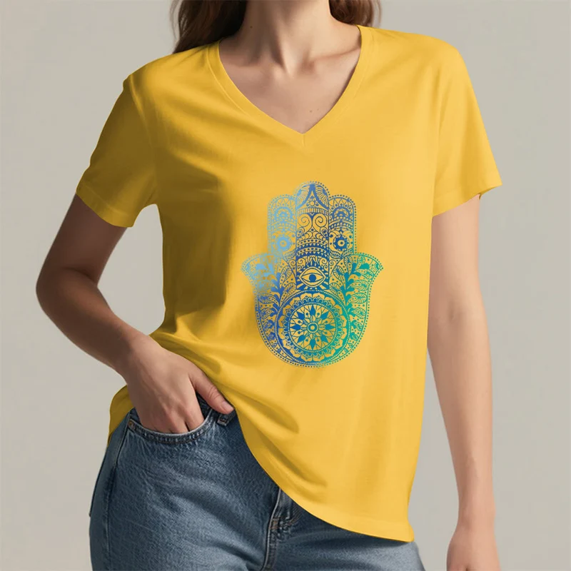 Olivenorma Gradient Hamsa Hand Mandala Print Yoga V-Neck T-Shirt
