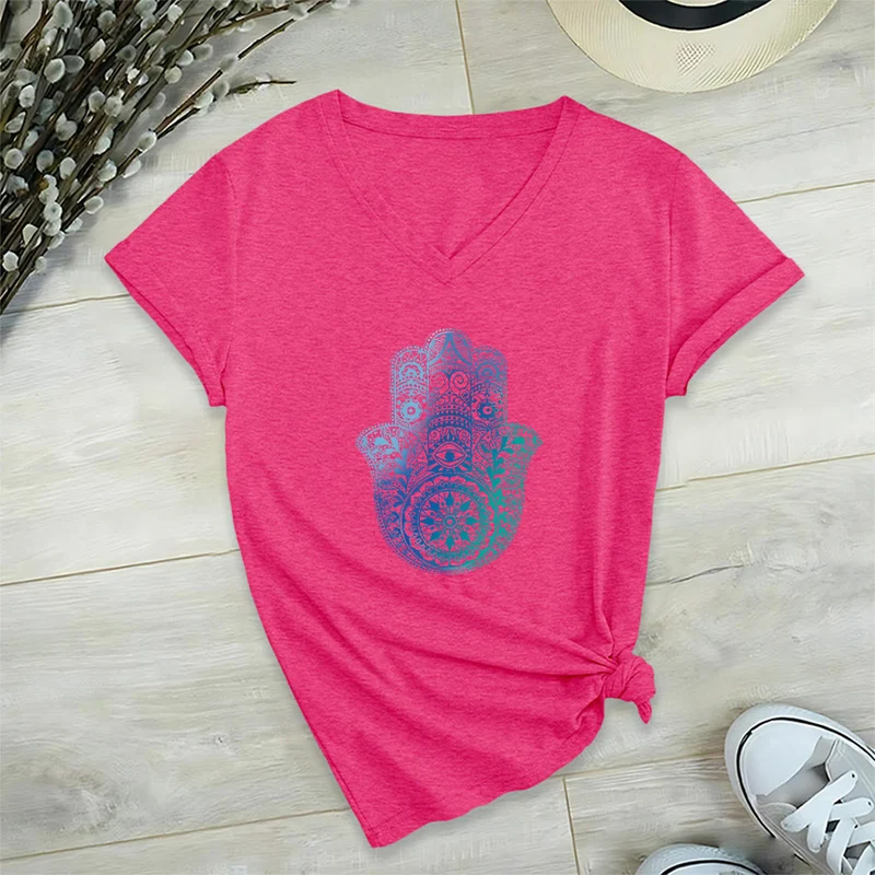 Olivenorma Gradient Hamsa Hand Mandala Print Yoga V-Neck T-Shirt