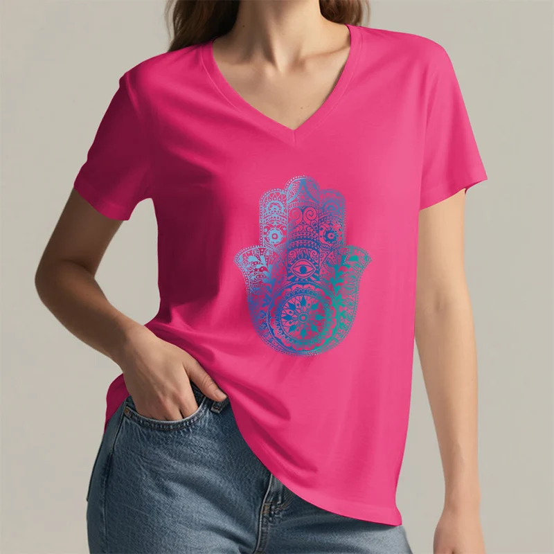 Olivenorma Gradient Hamsa Hand Mandala Print Yoga V-Neck T-Shirt