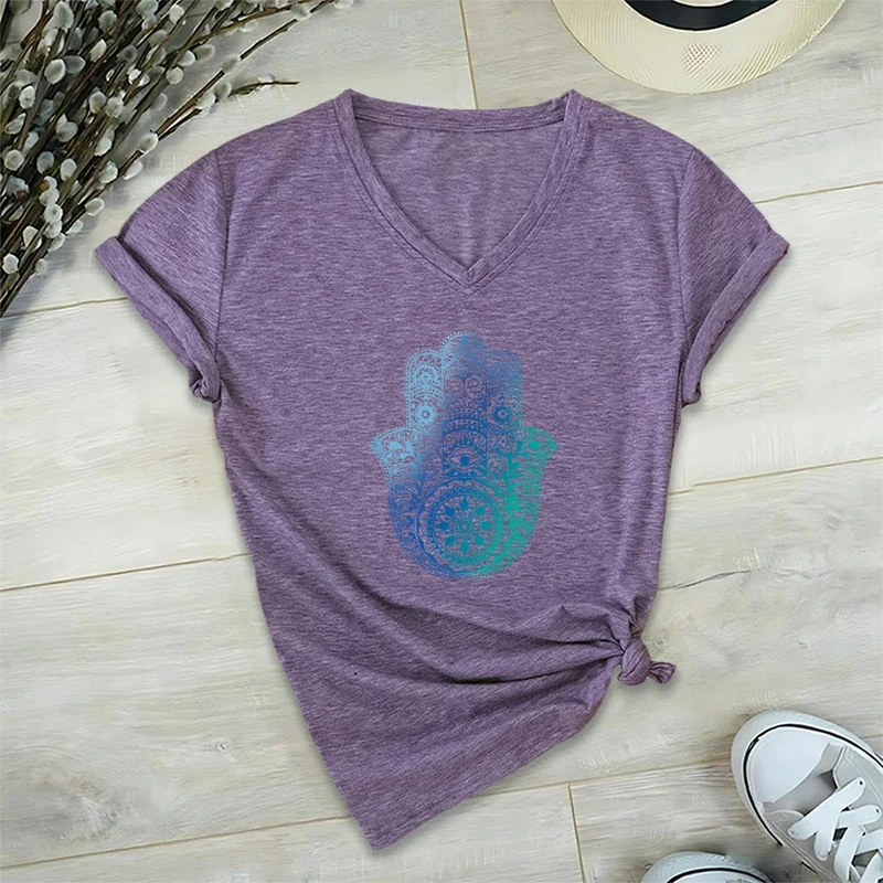 Olivenorma Gradient Hamsa Hand Mandala Print Yoga V-Neck T-Shirt