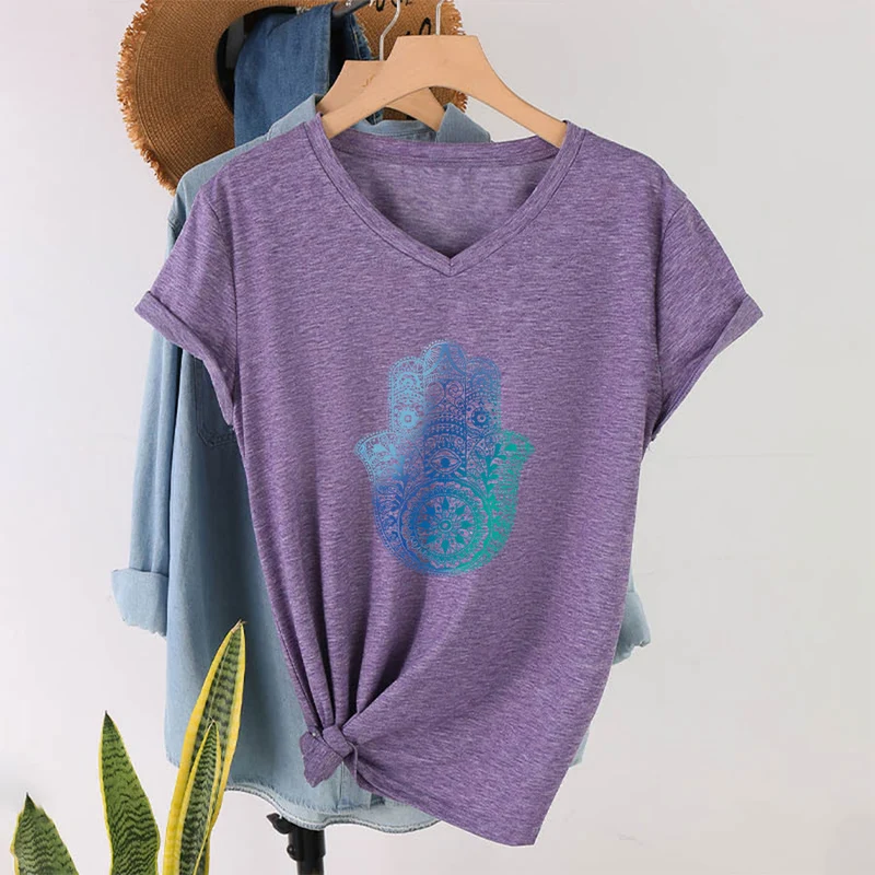 Olivenorma Gradient Hamsa Hand Mandala Print Yoga V-Neck T-Shirt
