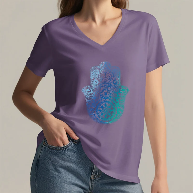 Olivenorma Gradient Hamsa Hand Mandala Print Yoga V-Neck T-Shirt