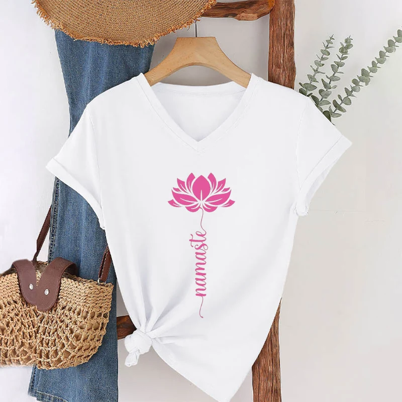 Olivenorma Minimal Namaste Lotus Silhouette Print V-Neck T-Shirt