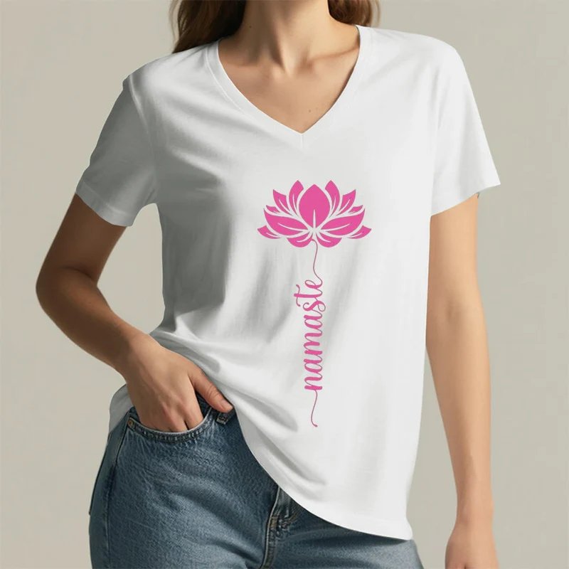 Olivenorma Minimal Namaste Lotus Silhouette Print V-Neck T-Shirt