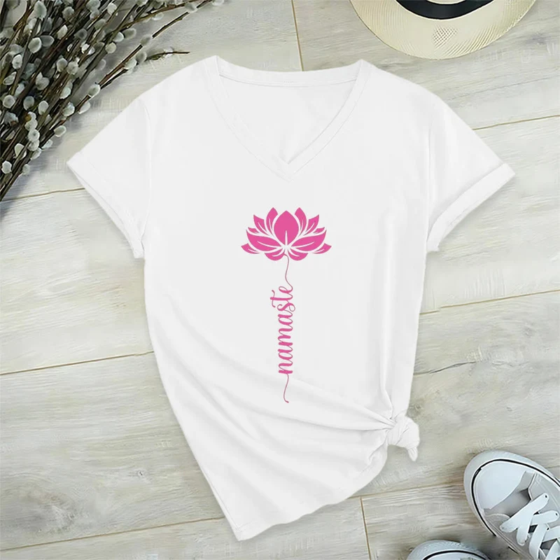 Olivenorma Minimal Namaste Lotus Silhouette Print V-Neck T-Shirt