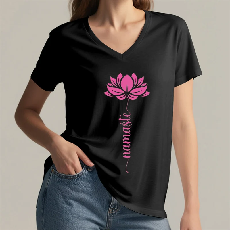 Olivenorma Minimal Namaste Lotus Silhouette Print V-Neck T-Shirt