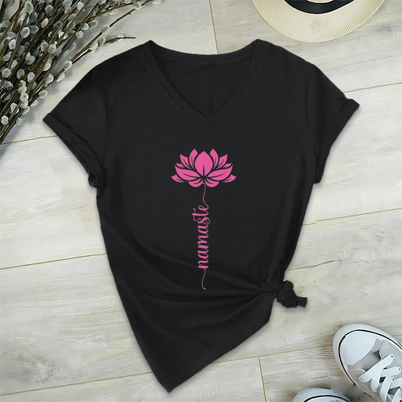 Olivenorma Minimal Namaste Lotus Silhouette Print V-Neck T-Shirt