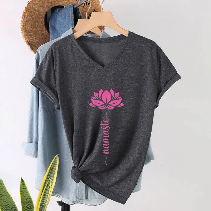 Olivenorma Minimal Namaste Lotus Silhouette Print V-Neck T-Shirt