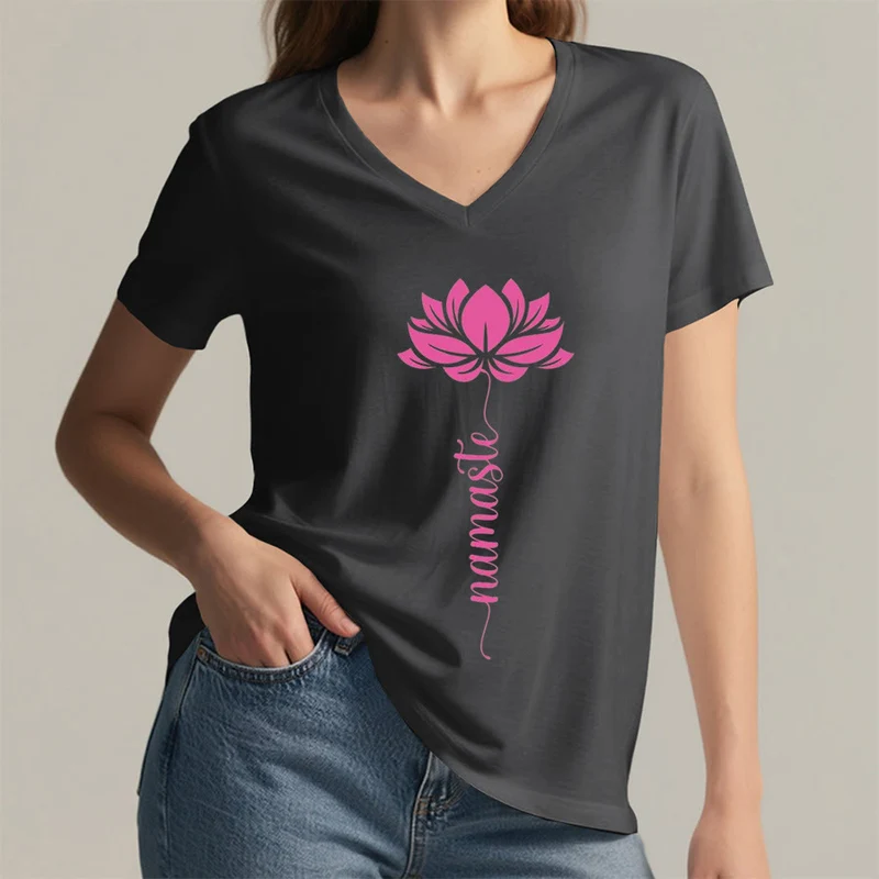 Olivenorma Minimal Namaste Lotus Silhouette Print V-Neck T-Shirt