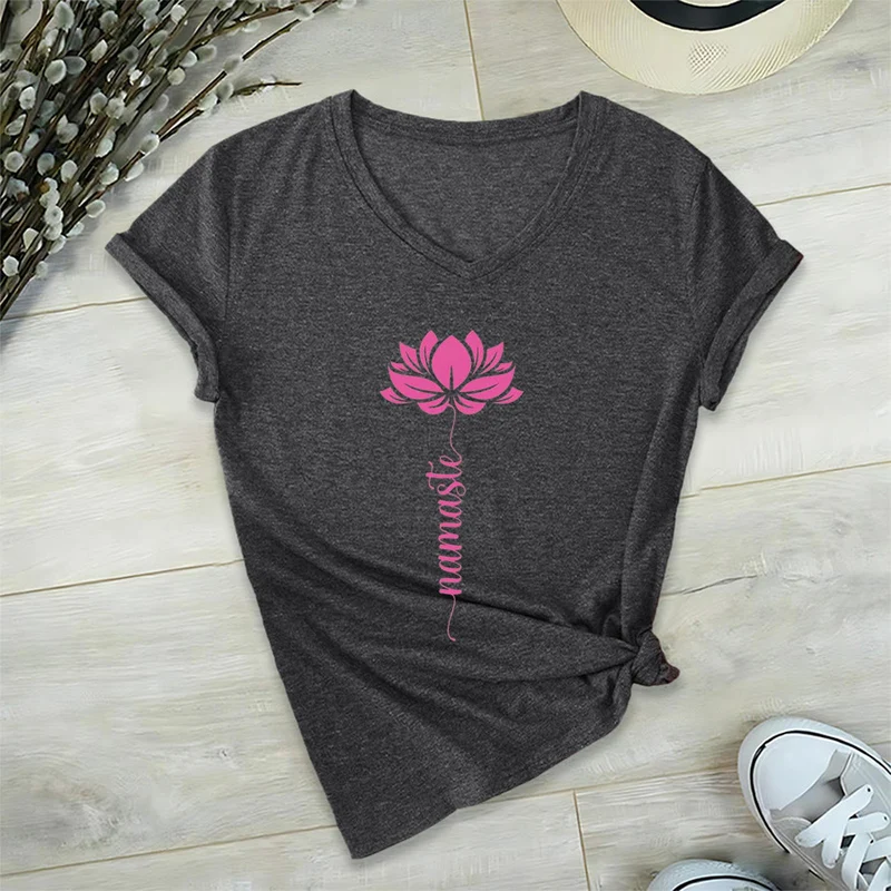 Olivenorma Minimal Namaste Lotus Silhouette Print V-Neck T-Shirt