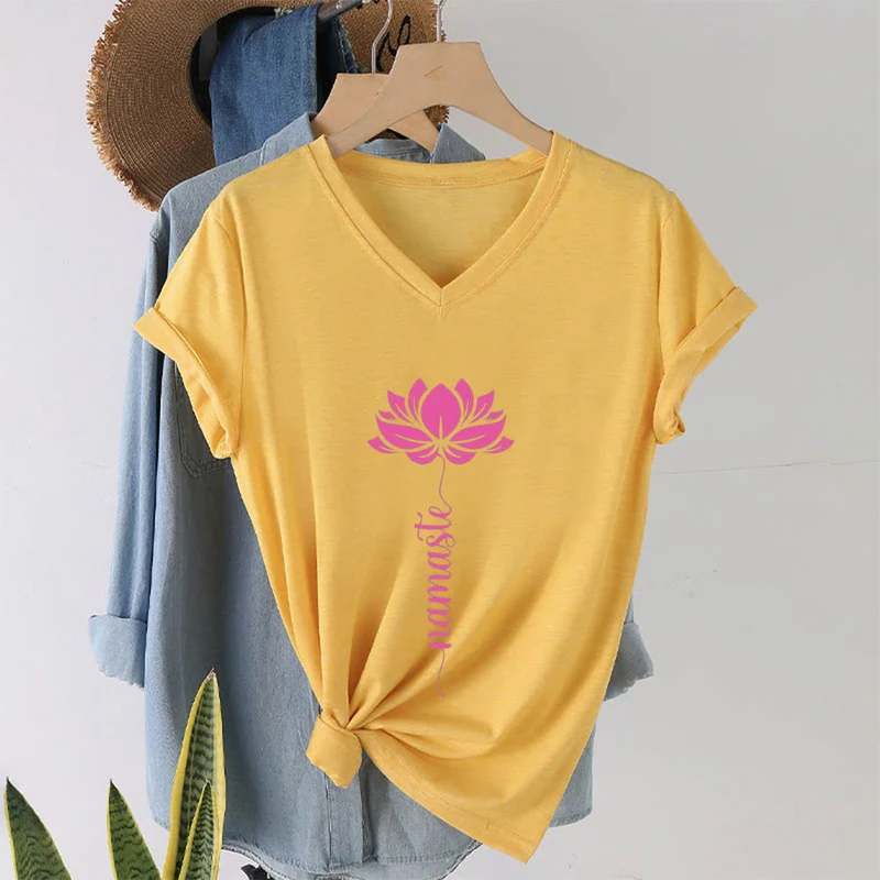 Olivenorma Minimal Namaste Lotus Silhouette Print V-Neck T-Shirt