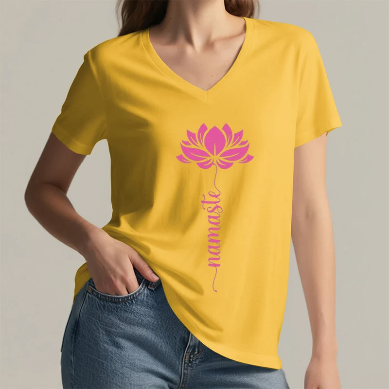 Olivenorma Minimal Namaste Lotus Silhouette Print V-Neck T-Shirt