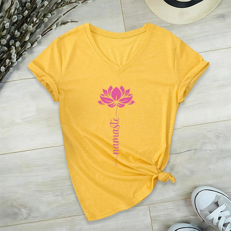 Olivenorma Minimal Namaste Lotus Silhouette Print V-Neck T-Shirt