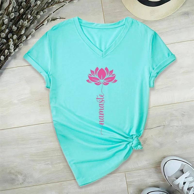 Olivenorma Minimal Namaste Lotus Silhouette Print V-Neck T-Shirt