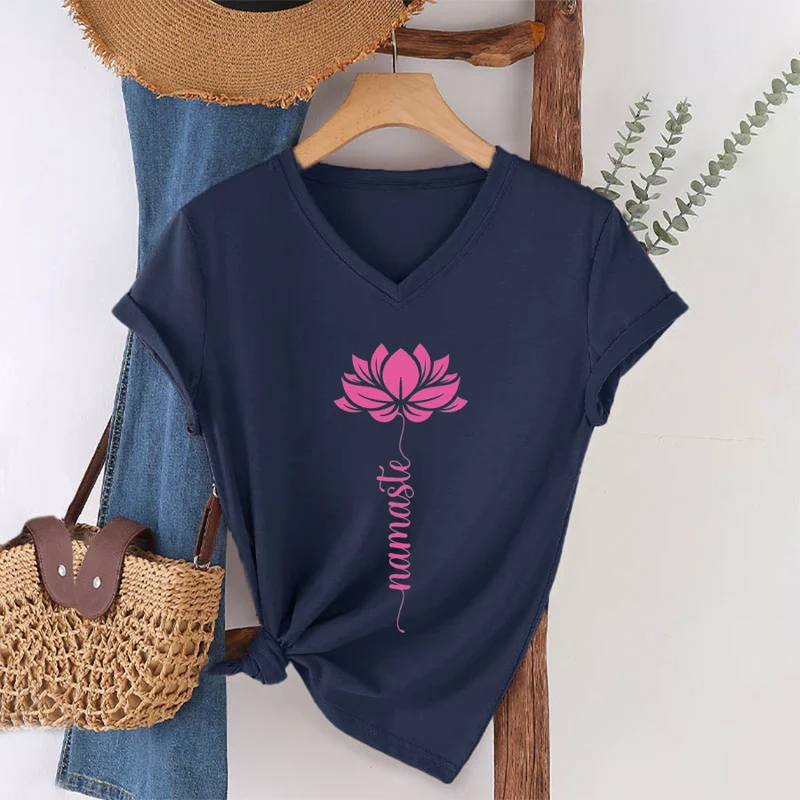 Olivenorma Minimal Namaste Lotus Silhouette Print V-Neck T-Shirt