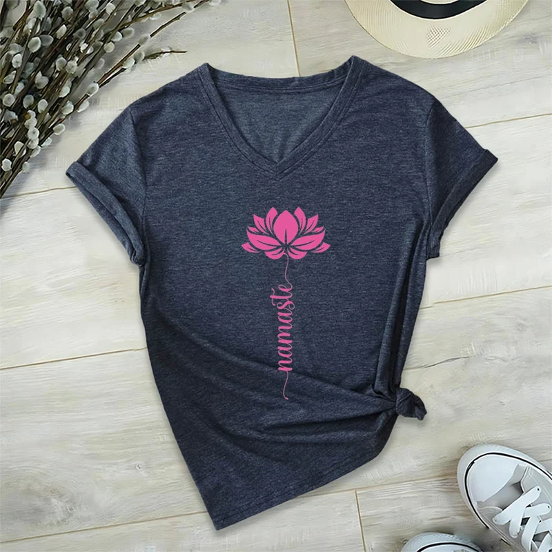 Olivenorma Minimal Namaste Lotus Silhouette Print V-Neck T-Shirt