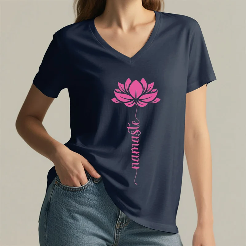 Olivenorma Minimal Namaste Lotus Silhouette Print V-Neck T-Shirt