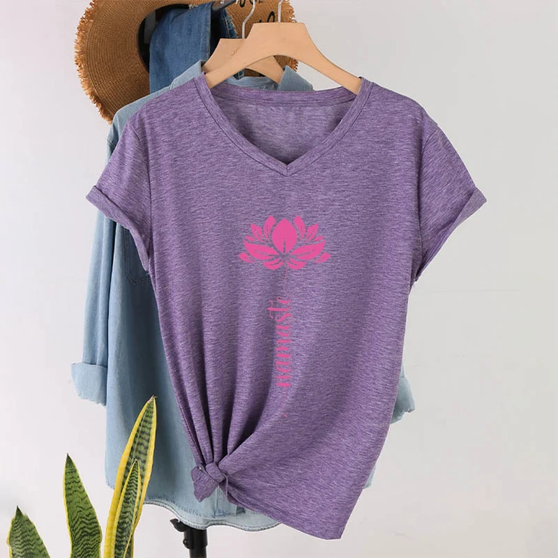 Olivenorma Minimal Namaste Lotus Silhouette Print V-Neck T-Shirt