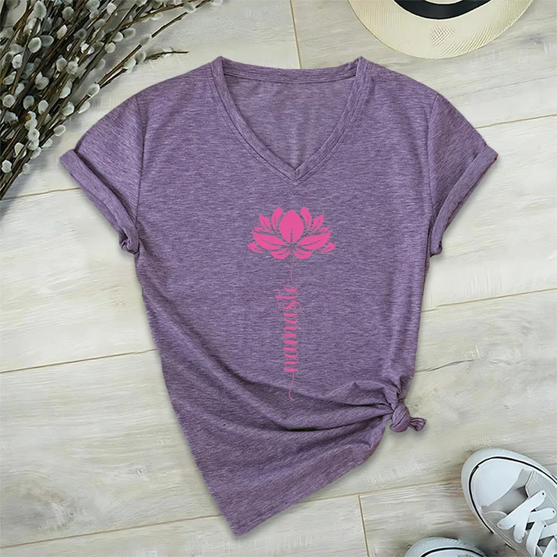 Olivenorma Minimal Namaste Lotus Silhouette Print V-Neck T-Shirt