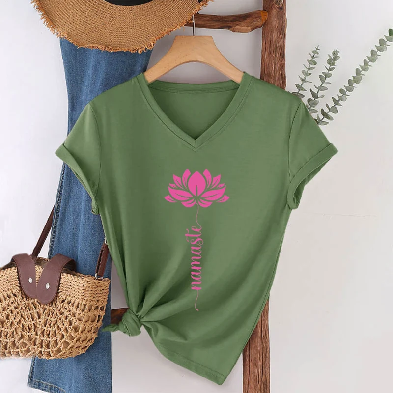 Olivenorma Minimal Namaste Lotus Silhouette Print V-Neck T-Shirt