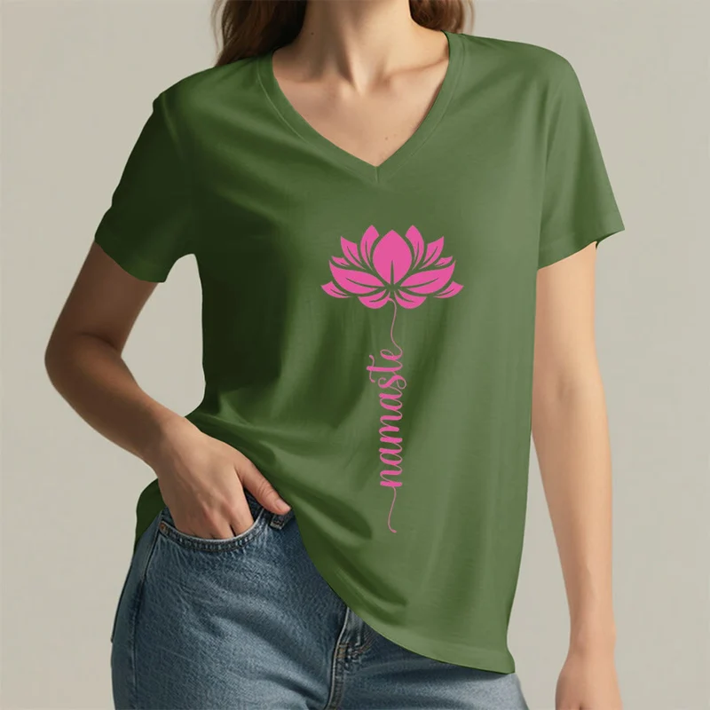 Olivenorma Minimal Namaste Lotus Silhouette Print V-Neck T-Shirt
