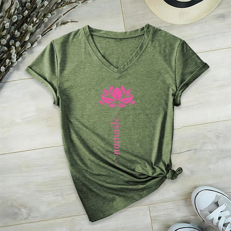 Olivenorma Minimal Namaste Lotus Silhouette Print V-Neck T-Shirt