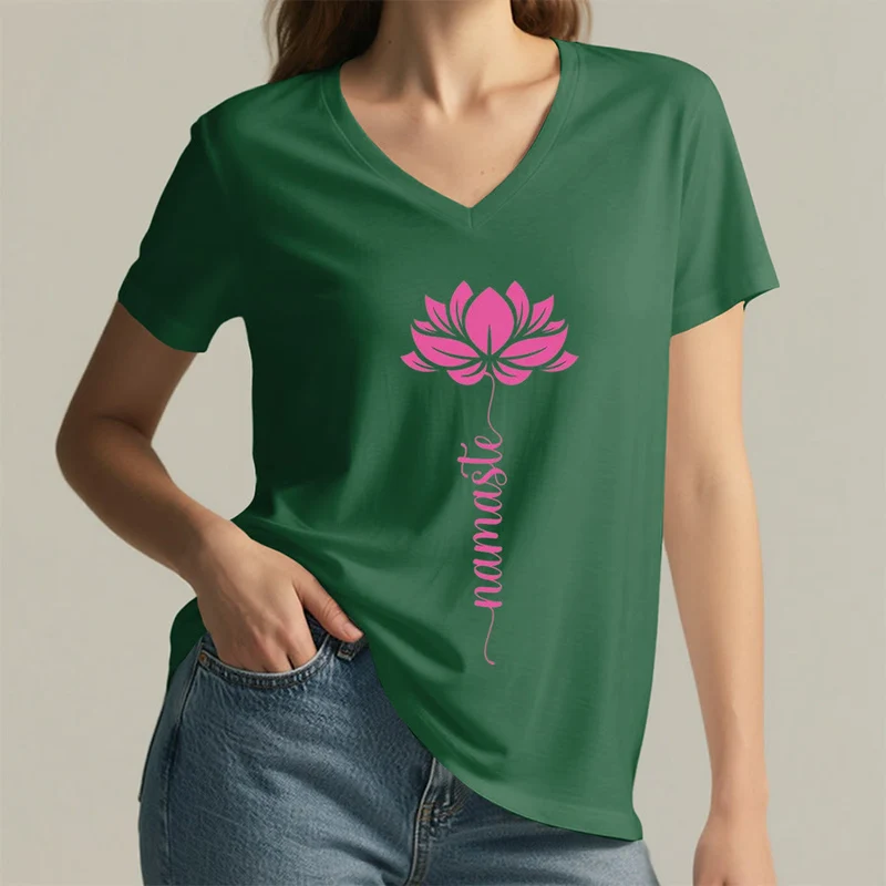 Olivenorma Minimal Namaste Lotus Silhouette Print V-Neck T-Shirt