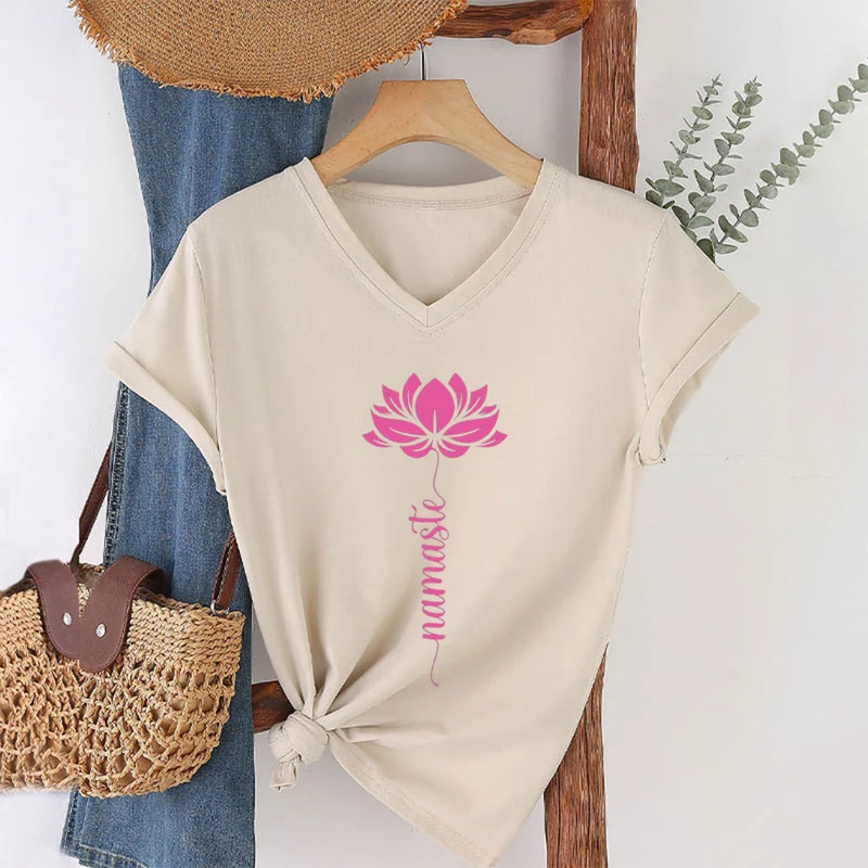 Olivenorma Minimal Namaste Lotus Silhouette Print V-Neck T-Shirt